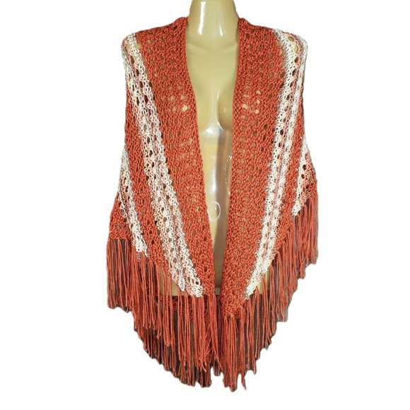 NEW Coral White Beige Multi Hand Knit Shawl Wrap Scarf Hippie Boho Knitted